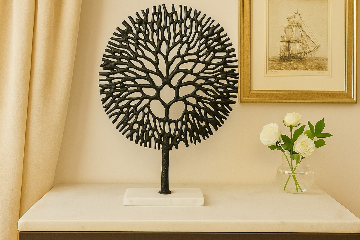 Abstract Coral Tree Sculpture – Antique Black with Marble Base - Image 2