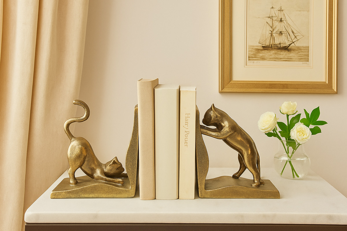 Whisker Watch – Antique Gold Cat Bookends - Image 2